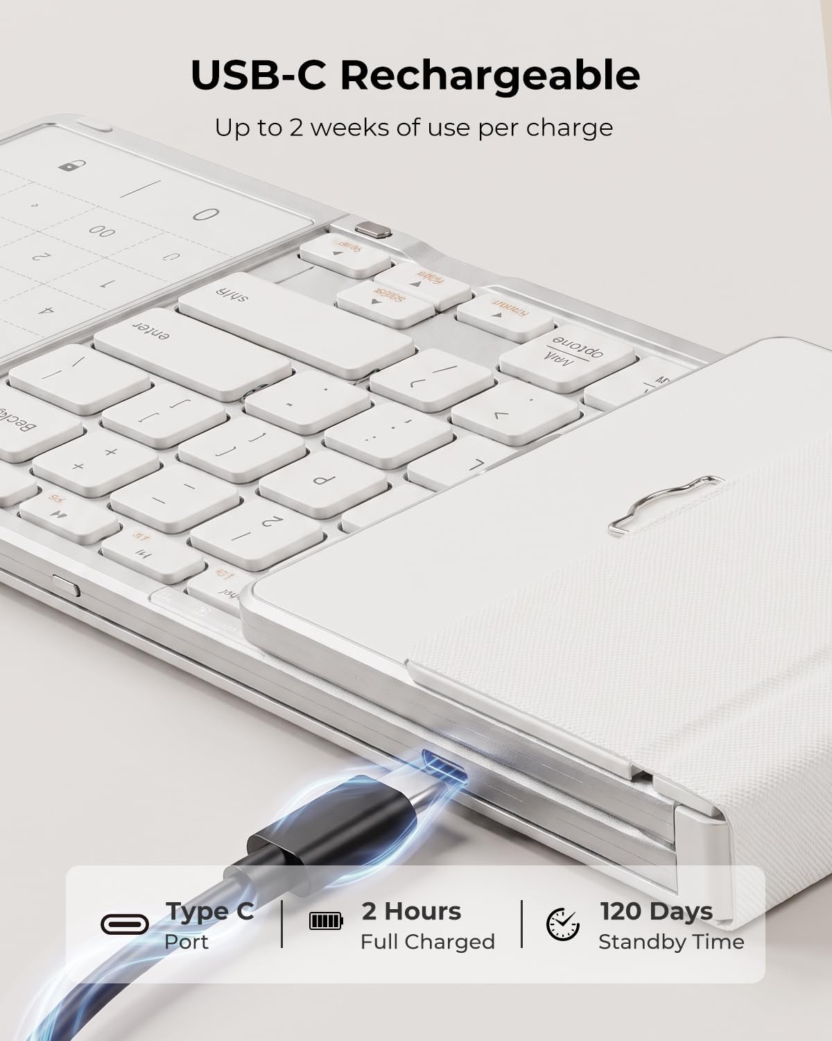 AIMARZ AF01 Foldable Keyboard, Full-Size Keys, Touchpad/Number Pad, White