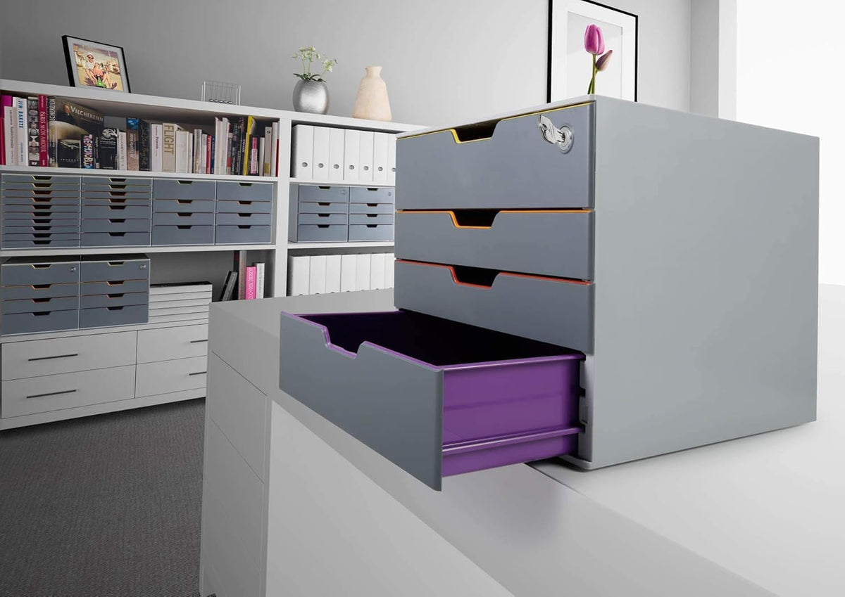 Durable Varicolor Drawer Organizer, 4 Lockable Color Coded Drawers, Gray