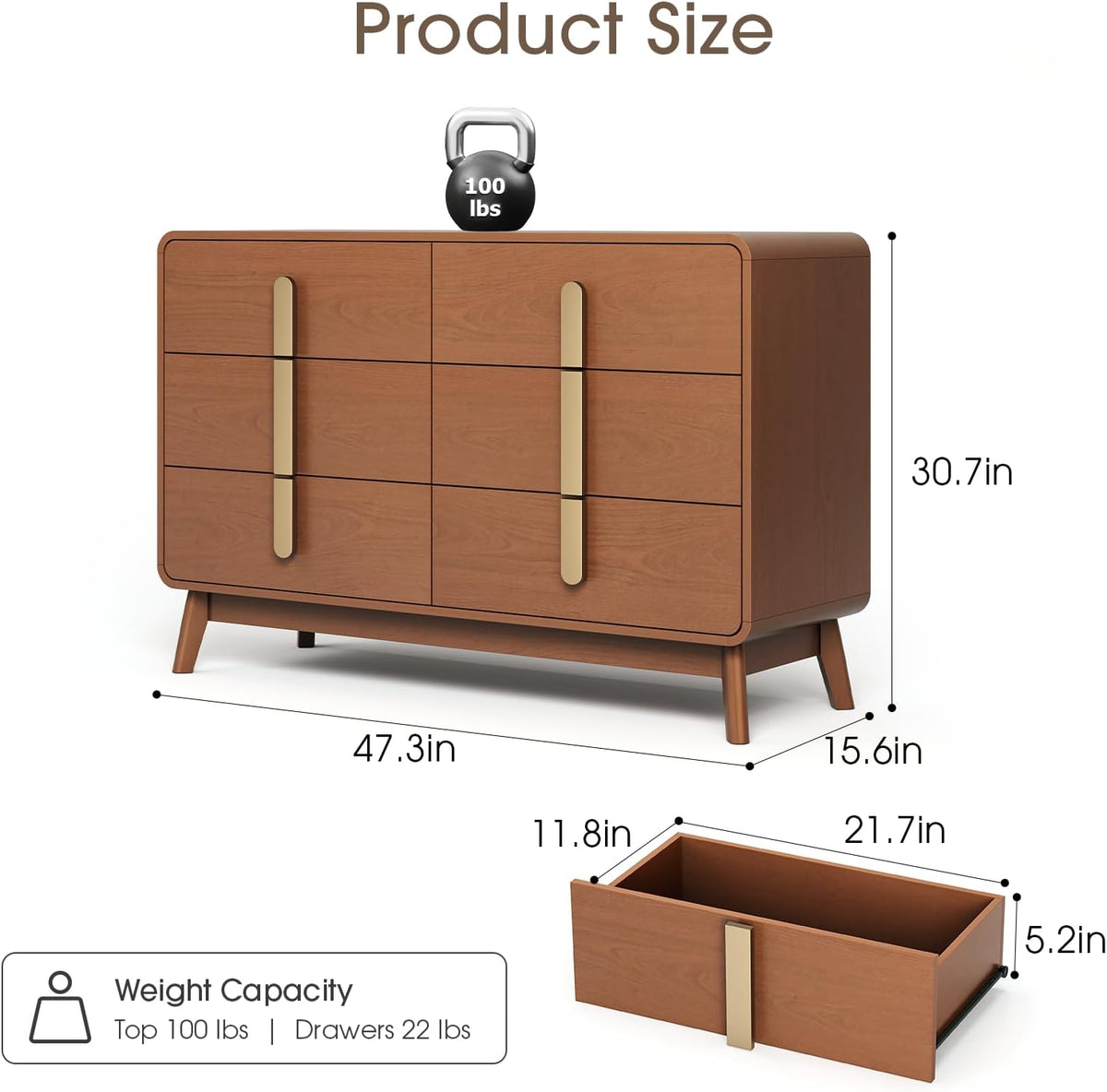 JOINICE Dresser for Bedroom with 6 Drawers,Mid Century Modern Dresser with Storage,47" Wide Chest of Drawers with Metal Handles,Large Wood Drawer Organizer for Bedroom,Living Room,Hallway,Cherry