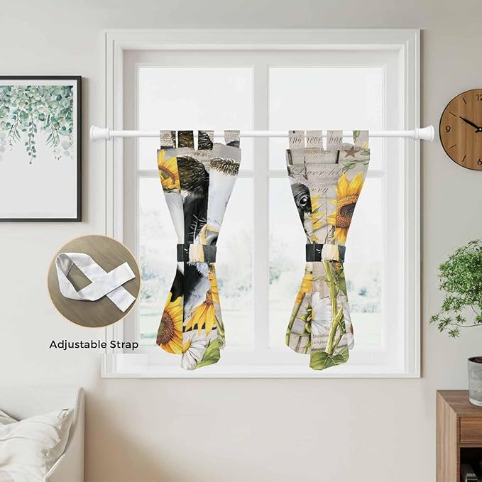 Yellow Sunflowers Kitchen Curtains 45 Inch Length, Short Cafe Window Curtains