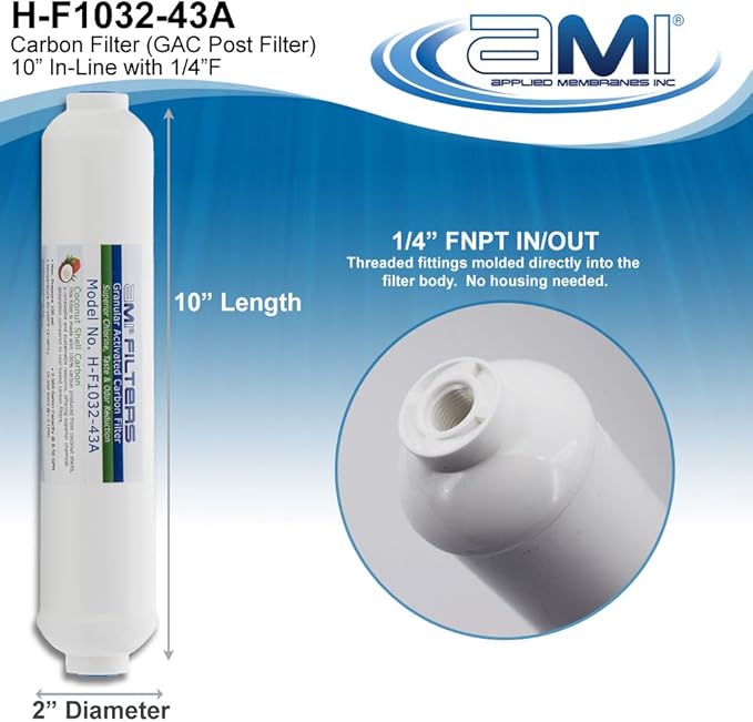 Inline Carbon Water Filter | 10" Length | 1/4" Threaded Female In/Out |