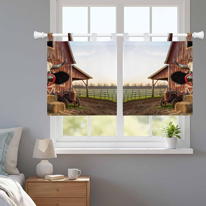 Farm Cows Kitchen Curtains 24 Inch Length, Small Window Curtains Tab Top