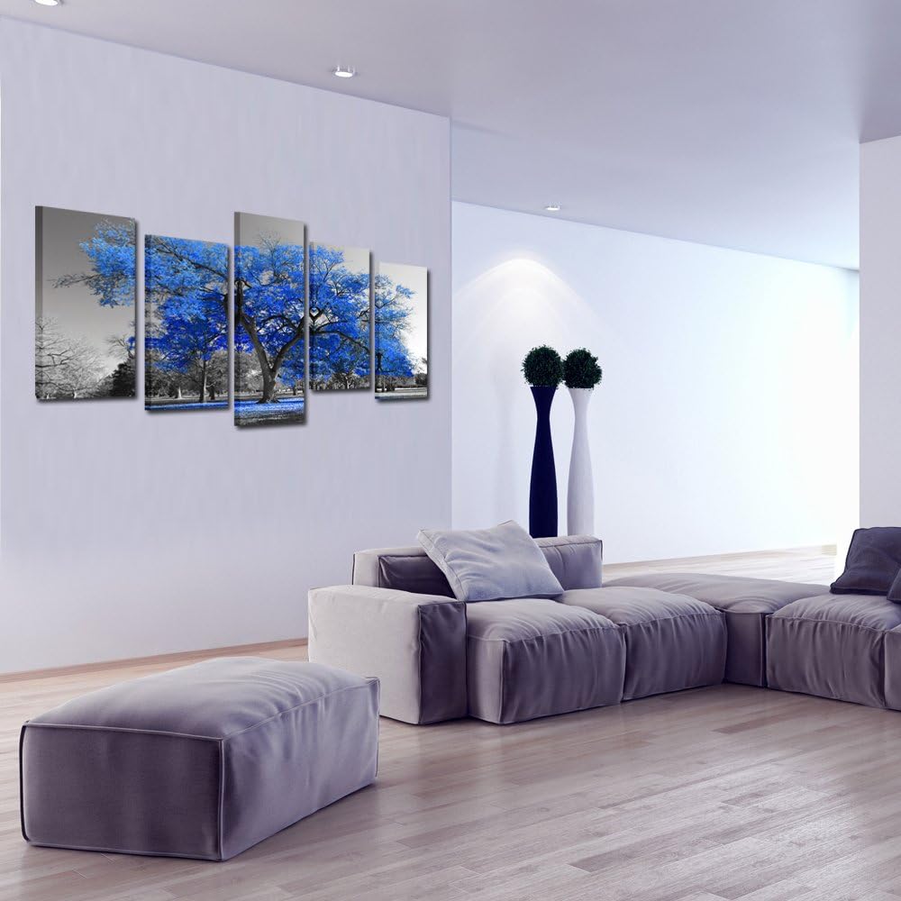 KREATIVE ARTS Canvas Print Wall Art Painting Contemporary Blue Tree In Black And White Style Fall Landscape Picture Modern Giclee Stretched And Framed Artwork