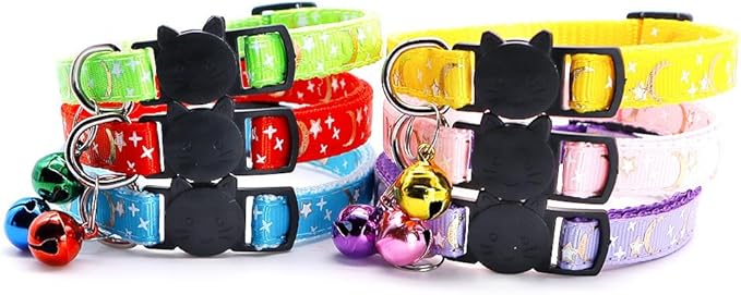 Reflective Cat Collars Breakaway with Bell 2-Pack Girl Boy Pet Kitten Collar with Star Moon Patetrn Adjustable 7.5-12.5 Inch (Pink)