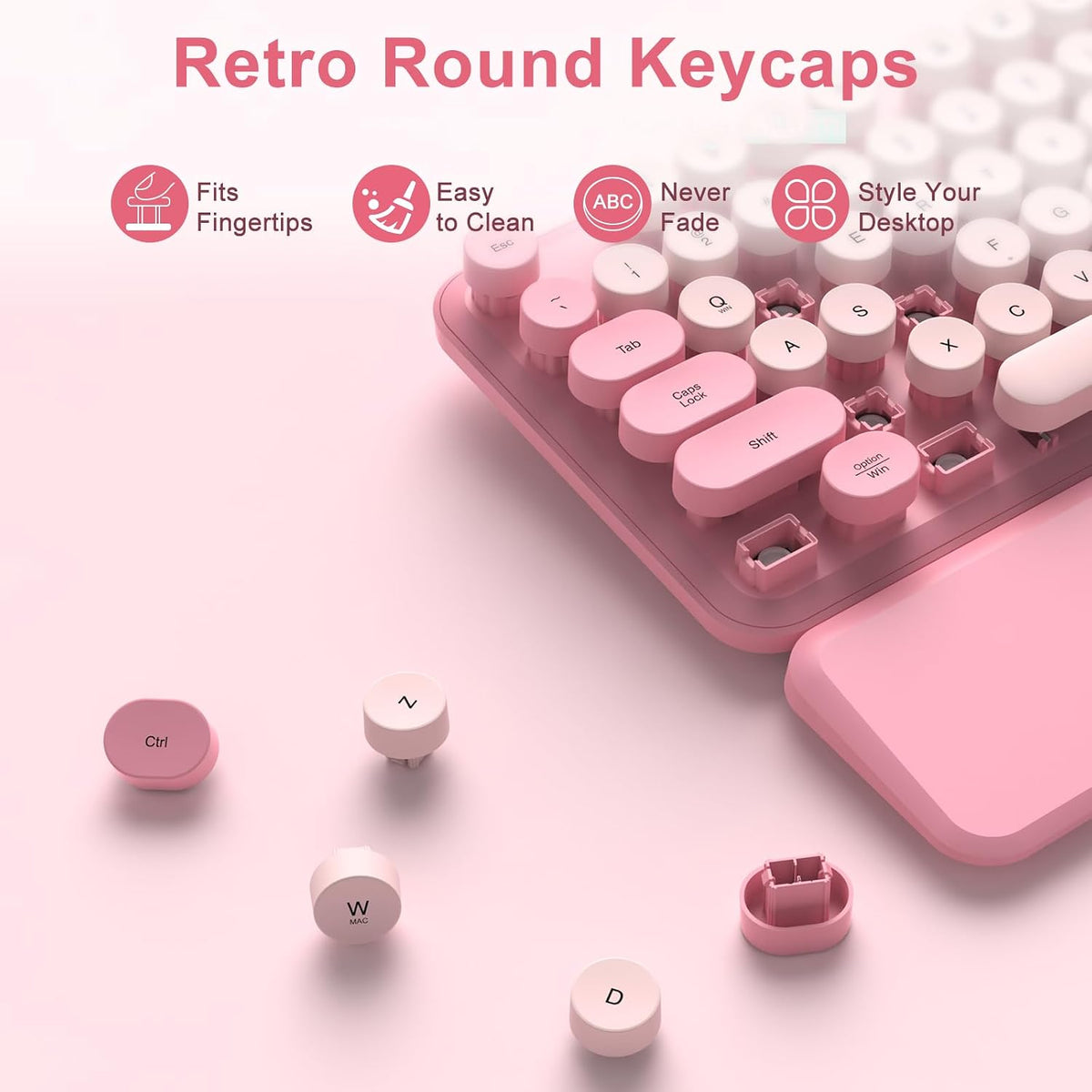 Pink Wireless Keyboard and Mouse Combo, Magnetic Wrist Rest, Round Keycap