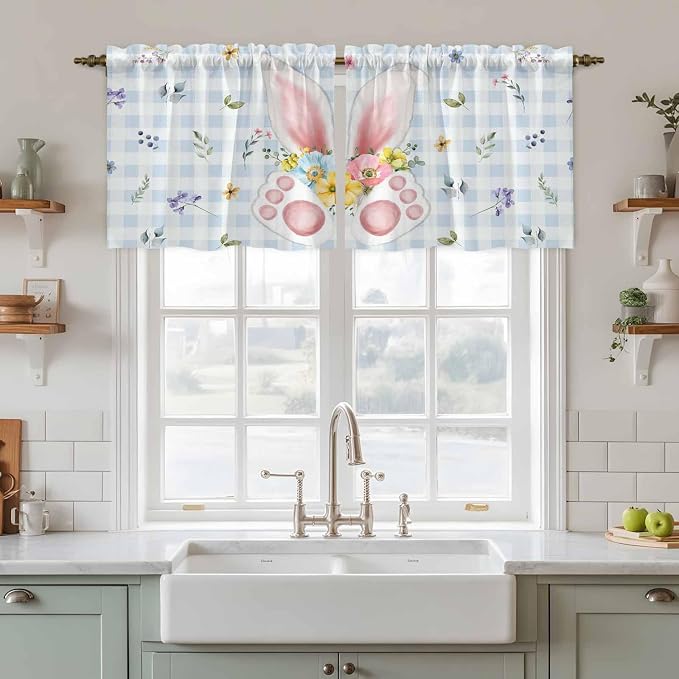 Easter Kitchen Tier Curtains 24 Inch Long 2 Panel Set, Rod Pocket Cafe Small