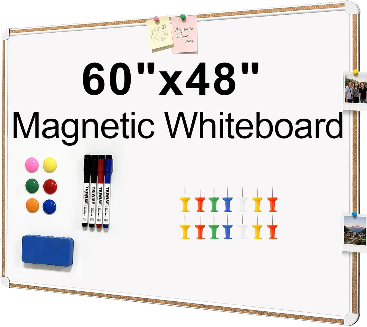 Large Magnetic White Board for Wall,Aluminum & Cork Strip Frame Whiteboard for Office,Presentation Dry Erase Board Wall Mount,Large Whiteboard for School Classroom Huge Whiteboards (60" W x 48" H)
