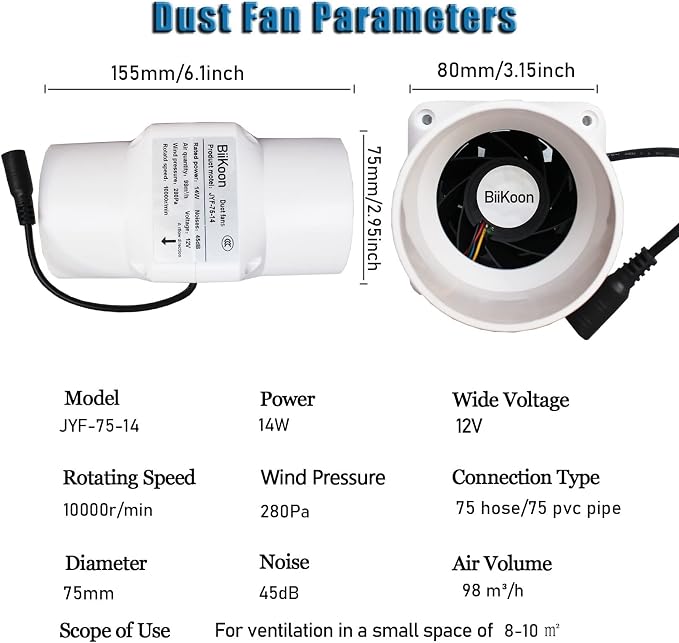 HVAC Exhaust Ventilation Fan 3 Inch 12v Inline Duct Fan Low Noise Speed