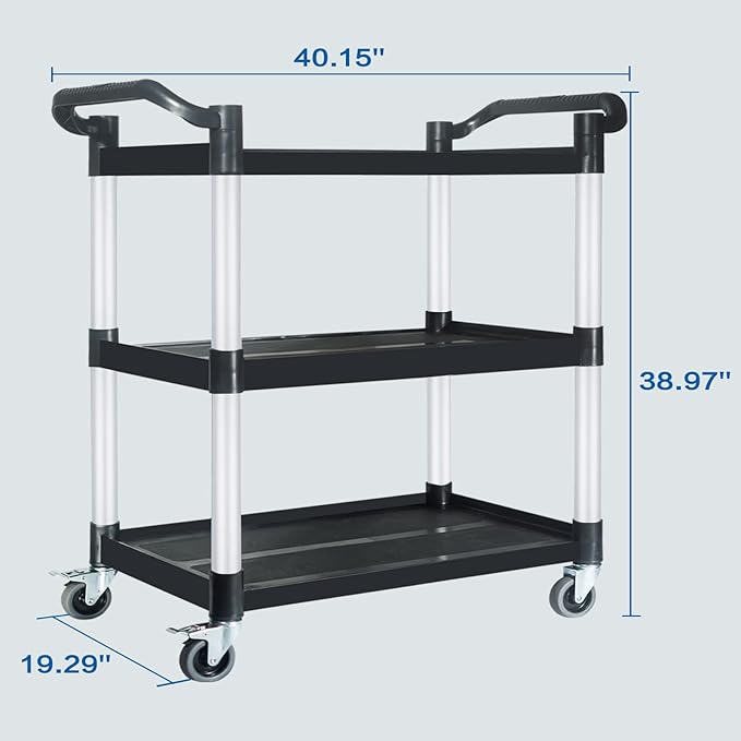 Plastic Commercial Cart Large Size, Restaurant Cart with Wheels Lockable, Heavy Duty Utility Service Cart for Foodservice, Commercial,Office, Warehouse, Black, 40.15X 19.29x 38.97 inches.