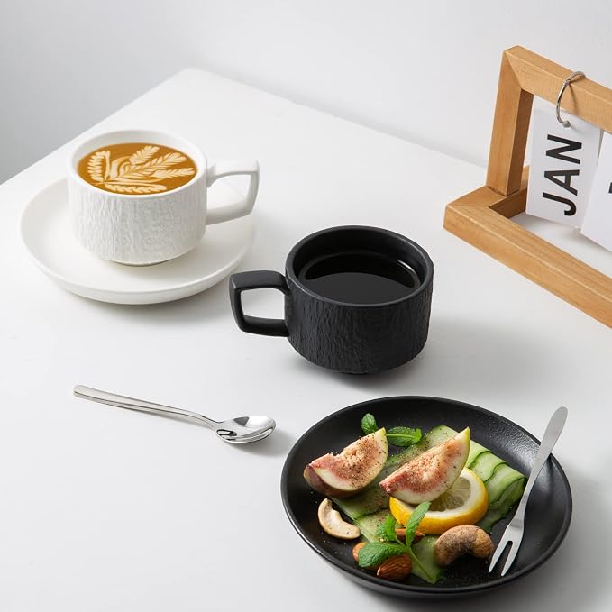Rock Texture Embossed Ceramic Coffee Set, 6 oz | Tea Set, Cappuccino Espresso