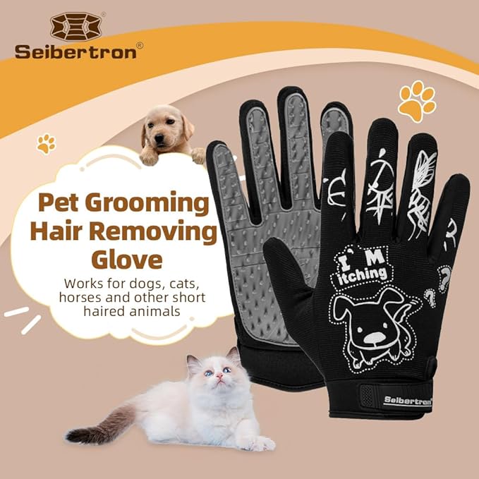 Seibertron Patented P.G.M.G-1 Pet Hair Remover/Deshedding Grooming Gloves Seven Sizes Fit All Works for Dogs, Horses, Cats and Other Animals Short Fur(1-Pair) Adult Black L