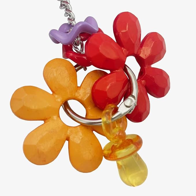 Pullable Bird Plastic Ball Toys with Acrylic Pacifiers and Flowers, Colorful Parrot Toys for Medium and Large Parrot Quaker Monk Parakeet Sun Conures (Rose red)