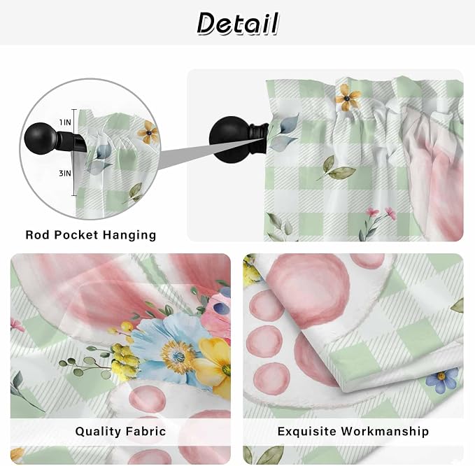 Easter Kitchen Tier Curtains 45 Inch Long 2 Panel Set, Rod Pocket Short Window