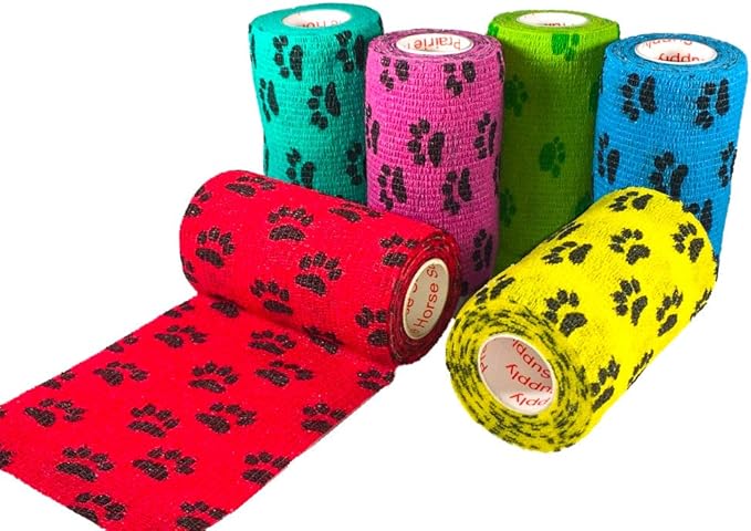 Prairie Horse Supply 3 Inch Vet Wrap Tape Bulk (Black, Red, Yellow and Black Paw Prints on Yellow, Red, Teal) (Pack of 24) Self Adhesive Adherent Adhering Flex Bandage Grip Roll for Dog Cat Pet