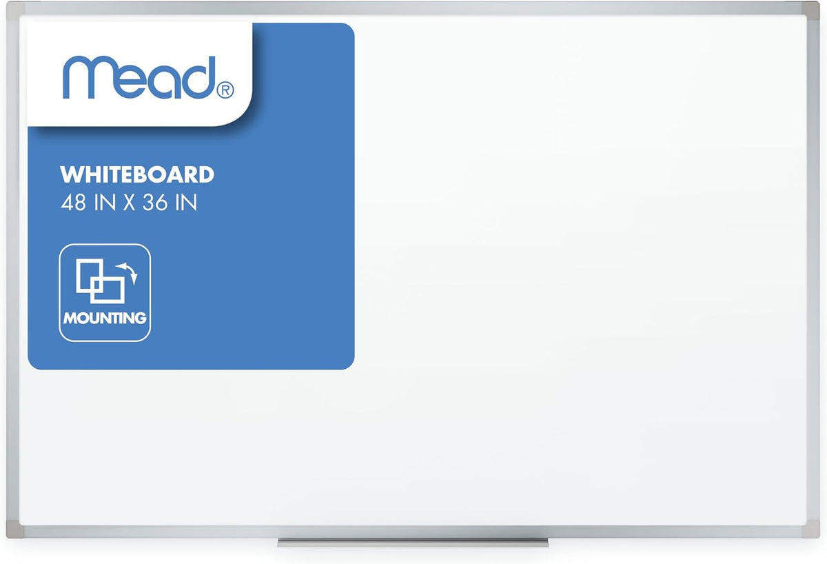 Mead Dry Erase Board 48" x 36" Non-Magnetic Whiteboard For Wall, 4' x 3', White/Silver (85357N)