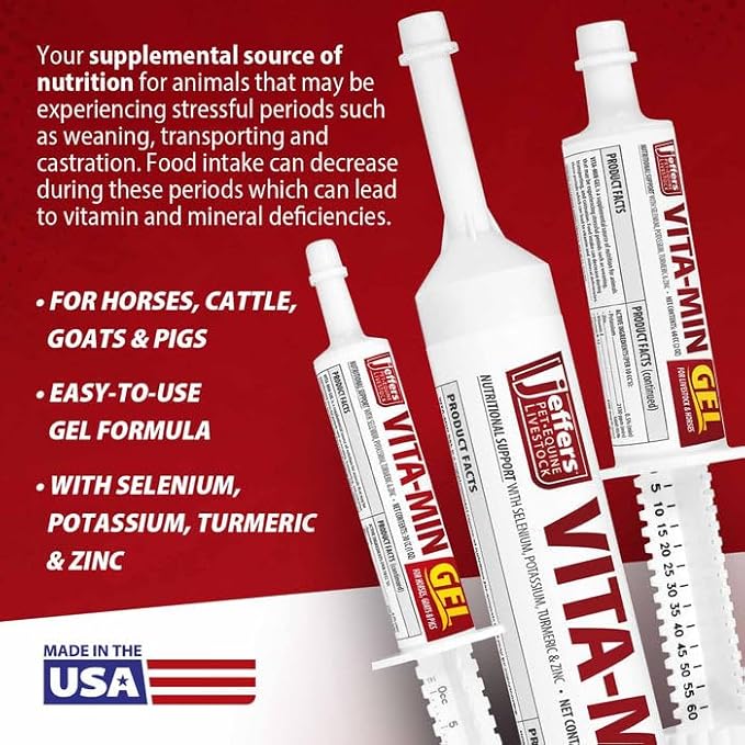 Jeffers Vita-Min Gel for Livestock & Horses – Multivitamin & Mineral Supplement with Selenium, Zinc, Potassium & Turmeric – Easy Oral Gel for Cattle, Goats, Sheep & Pig – 300 cc Tube - 6Pack