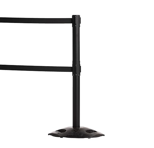 CCW Series WBB-200D - Set of 2 Retractable Dual Belt Barrier Stanchion, Heavy Duty Rubber Base, Black Post (7.5 Foot Belt, Yellow with Horizontal Reflective Stripe Belt)