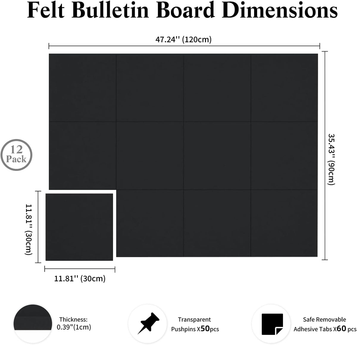 48" x 36" Decorative Bulletin Boards, Large Cork Board Alternative | 50 Pushpins, 60 Adhesive Tabs, Solid-Tile 12-Pack Felt Wall Tiles, Cork Boards for Office Push Pin Board Felt Board, Black