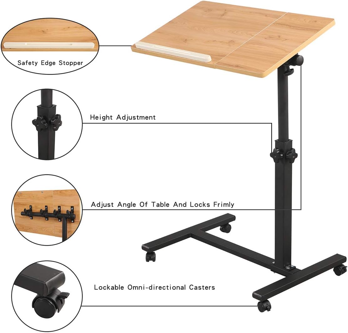 TigerDad Overbed Bedside Desk Mobile Rolling Laptop Stand Tilting Overbed Table with Wheels Height Adjustable Tray Table for Laptop Bed Sofa Side Table (Wood)