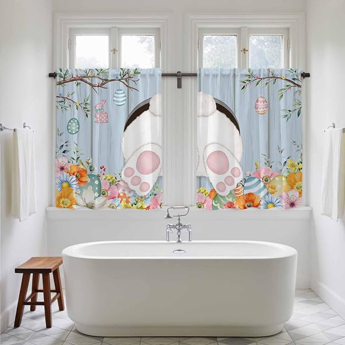 Easter Kitchen Tier Curtains 45 Inch Long 2 Panel Set, Rod Pocket Short Window
