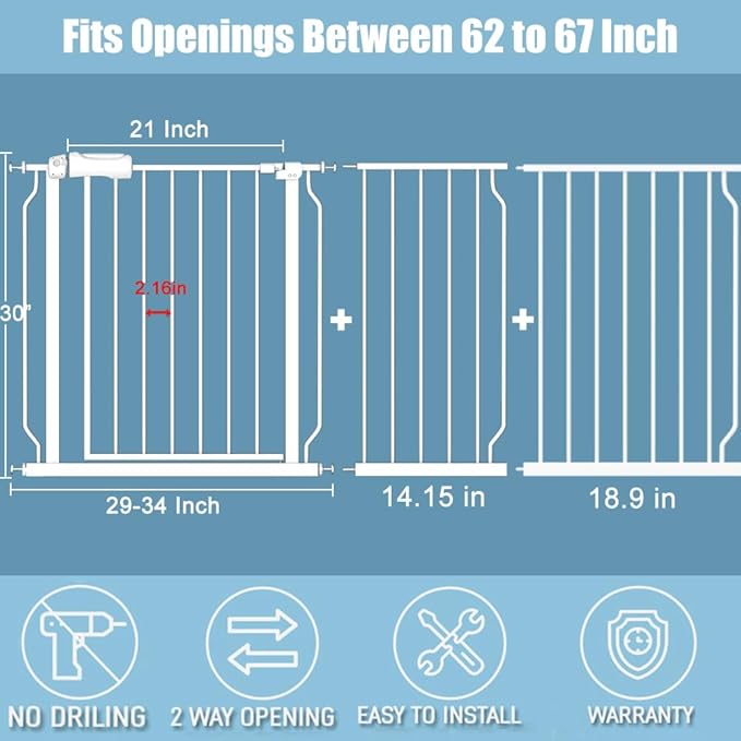 Extra Wide Long Baby Gates 62-67 Inch Stairs Doorways Pet Dog gate Indoor Outdoor Pressure Mount No Drill Walk Through Safety Child Gate