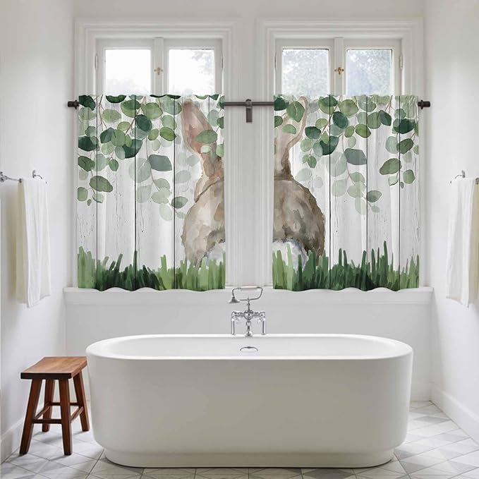 Easter Kitchen Curtains, Country Rabbit Botanical Leaves Wooden Grain Light
