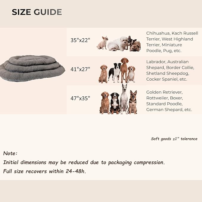 Washable Dog Bed for Large Dogs, Dog Beds Large Sized Dog, Reversible Plush & Oxford Dog Bed for Crates, 3" Thick Cushion Kennel Mat, Machine Washable Non‑Slip Pet Bed, Fits 42 Inch Crates, Grey