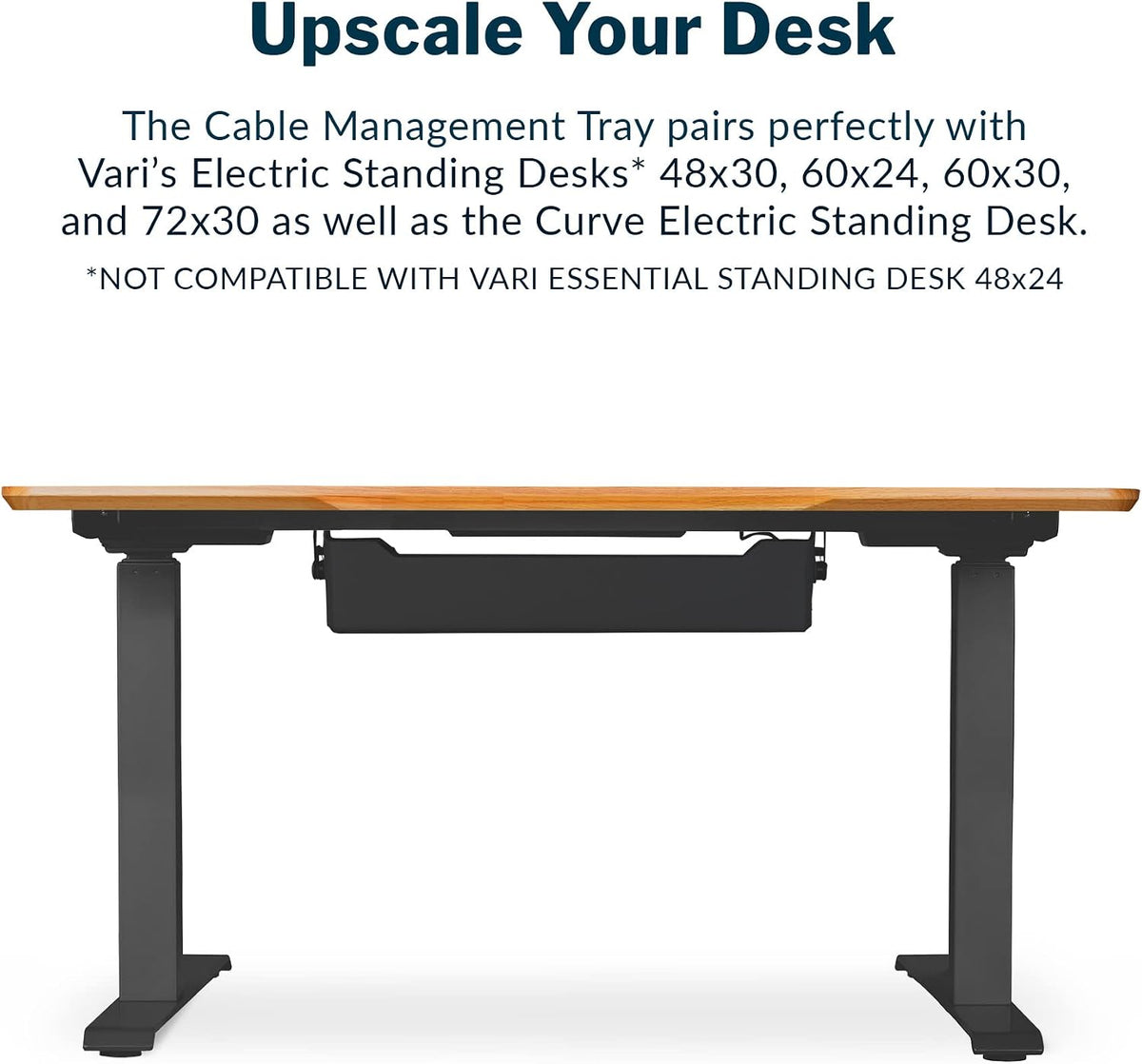Vari Cable Management Tray - Under Desk Cord & Wire Organizer - Ideal for Home Office Sit Stand Desks - Fits Adjustable Electric Standing Desk 48x30, 60x30, 60x24, 72x30 - Easy Assembly (Black)