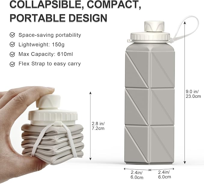 BEAUTAIL Collapsible Water Bottles 21oz/610mL, Silicone Travel Water Bottle |