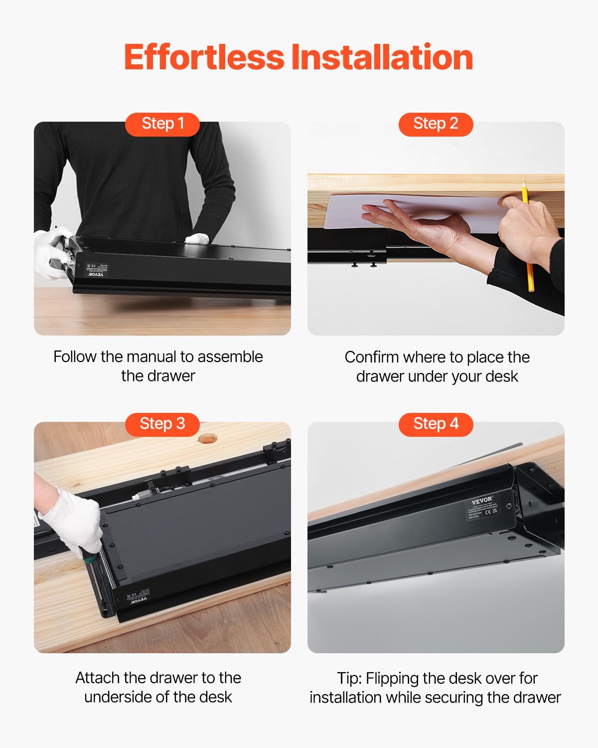 VEVOR Under Desk Drawer Slide Out, 26 inch Under Desk Mounted Pull-out Drawer Attachment, Hidden Under Counter Drawers for office Home Sit Stand Workstation, Black