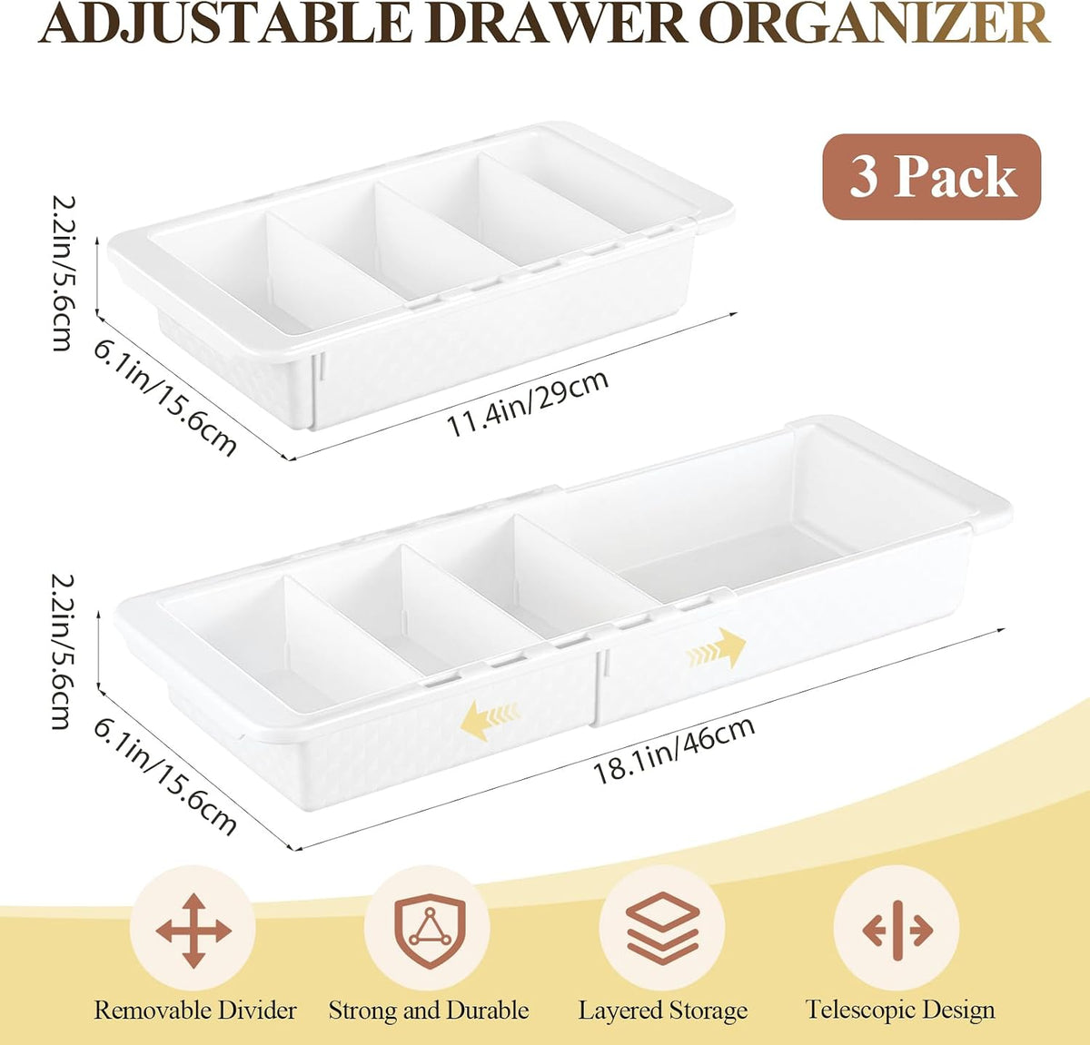 Expandable Deep Drawer Organizer Bins for Desk, White, 3 Pcs
