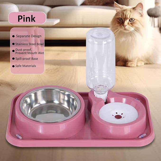 Dog Bowls, Non-Slip Puppy Cat Food and Water Bowl Set with Water Dispenser and Stainless Steel Bowl Detachable Gravity Pet Feeder and Waterer Set for Dogs (Pink, 1000ML)