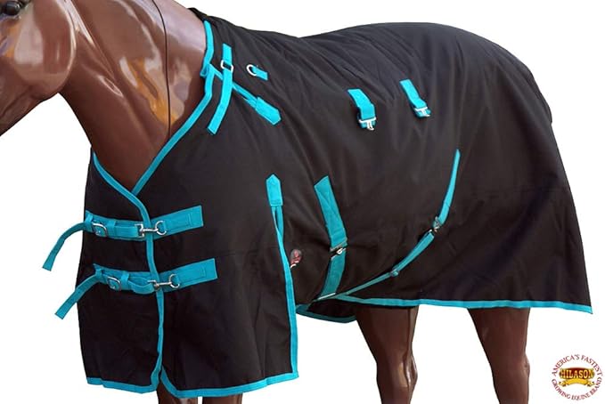 HILASON Black with Turquoise Trims 72 inch 1200D Winter Waterproof Poly Horse Turnout Blanket Belly Wrap