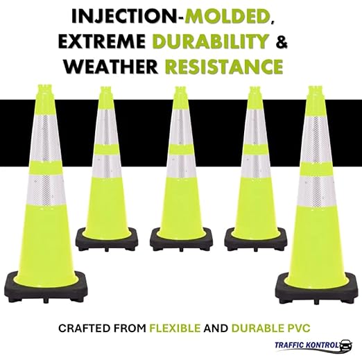 48 Pack 28" Inch Lime Traffic Safety Cones with Dual Reflective Collars - High Visibility Industrial Pylons Traffic Cones for Road, Parking Lots, Driving, Construction