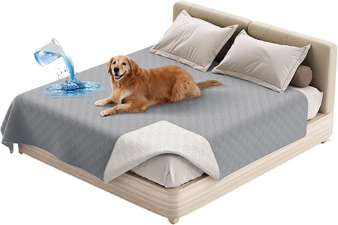 Dog Bed Cover Waterproof Microfiber Quilted Mattress Cover Pet Mat Silicon Non Slip 9 Size Furniture Protectors for Bed Sofa Couch (208 x 218 cm/82 x 86 in,Light Gray)