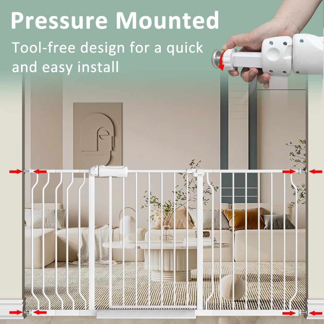 57.5"-62" Extra Wide Auto Closing Baby Safety Gate for Stairs & Doorways, Pressure Mounted No Drill Pet Gate with Walk-Through Door - Heavy Duty Childproof Gate for Toddlers, Kids, Dogs (White)