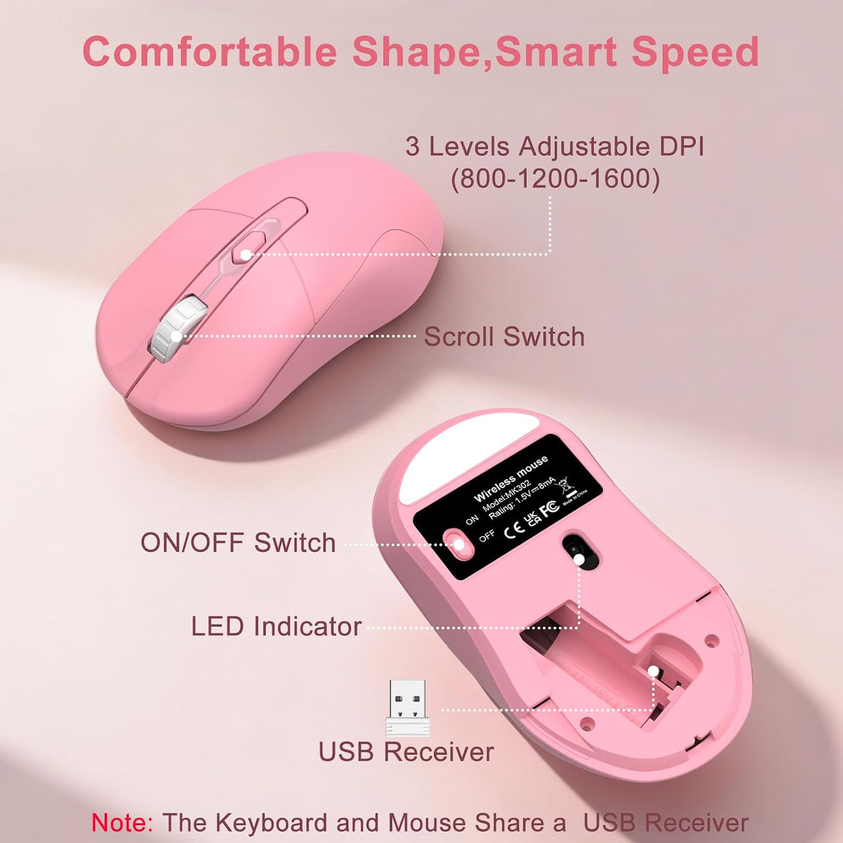 Pink Wireless Keyboard and Mouse Combo, Magnetic Wrist Rest, Round Keycap