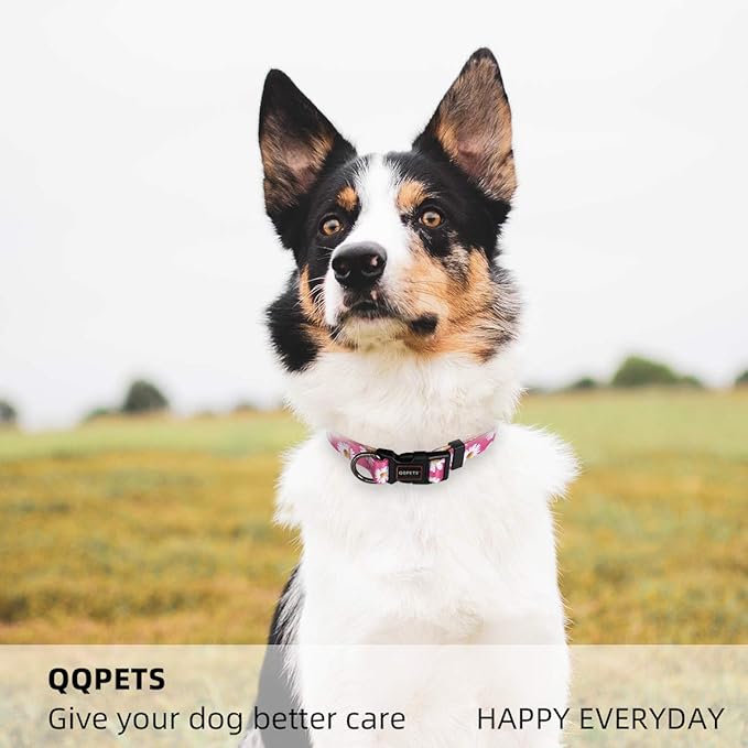 QQPETS Adjustable Soft Dog Collar: Print Flower Pink Multicolor Cute Patterns for XS Small Medium Large Pet Girl Boy Puppy Walking Running Training (M, Small Daisies)