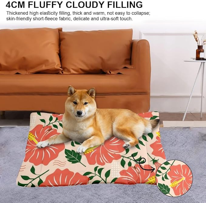 Coral Hibiscus Dog Bed Furniture Dogs Mat Dog Crate Pad Washable Crate Cushion Washable Non-Slip Medium Bed Pet Beds for Dogs Pet Mat Products for Indoor Outdoor 24X18 Inch