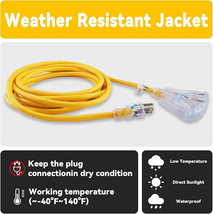 EP 8 Ft 12 Gauge Heavy Duty Extension Cord, 15A 125V 1875W, 3 Outlet Indoor/Outdoor Power Cord with Lighted End, 12/3 SJTW Weatherproof Yellow, UL Listed