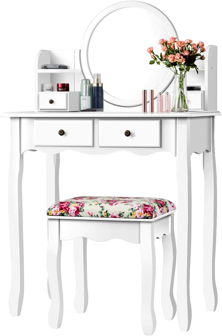CHARMAID Vanity Set with 4 Storage Shelves and 4 Drawers, Makeup Table with 360° Pivoted Round Mirror and Makeup Organizers, Dressing Table with Mirror and Cushioned Stool for Women Girls (White)
