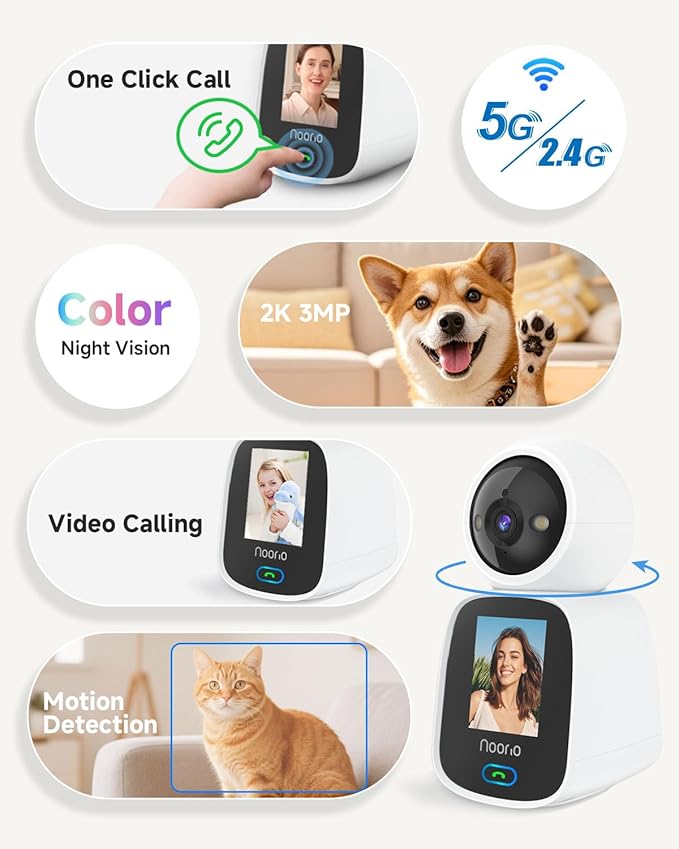 Noorio 5G Two Way Video Calling Camera, One Click Call 2K Pet Camera with Phone App, 360° PTZ Dog Cam with Speaker, Color Night Vision, 2.4 Inch Screen, CL200 2Pcs