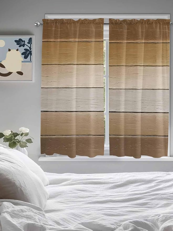 Vintage Brown Gradient Wood Grain Window Valance Curtains, Farmhouse Wood Barn
