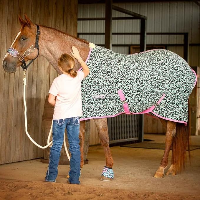 Jeffers Expression Fleece Cooler for Horses, Standard Neck, Party Cheetah 72"- Equine Towel Blanket, Moisture Absorbent, Light Weight, Best for Drying, Exercise, Bathing, Adjustable Belly Bands