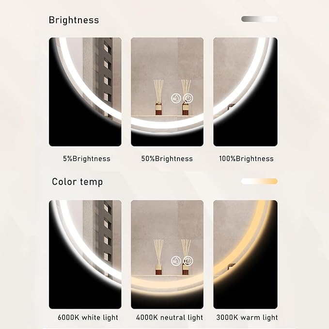 Bathroom Mirror with LED Lights, Wall Mounted Round Mirror, Mirror