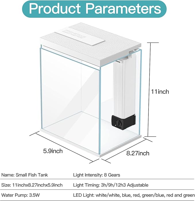 Betta Fish Tank, 2 Gallon Glass Aquarium Starter Kit, Small Fish Tank with Filter and Light.(White)