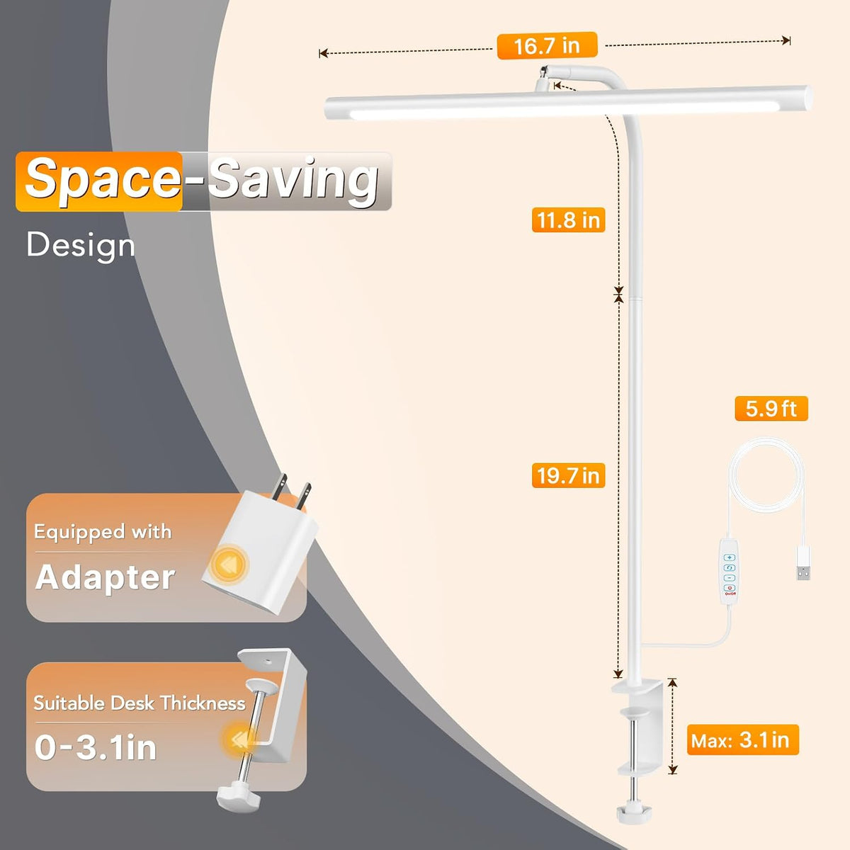 LED Desk Lamp with Clamp, Eye-Caring Dimmable Desk Light for Home Office