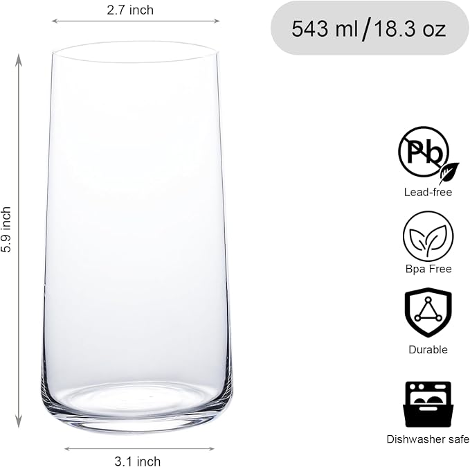 Wlasss Water Glasses Set of 6, 18.3oz Large Drinking Glasses, Glassware Set