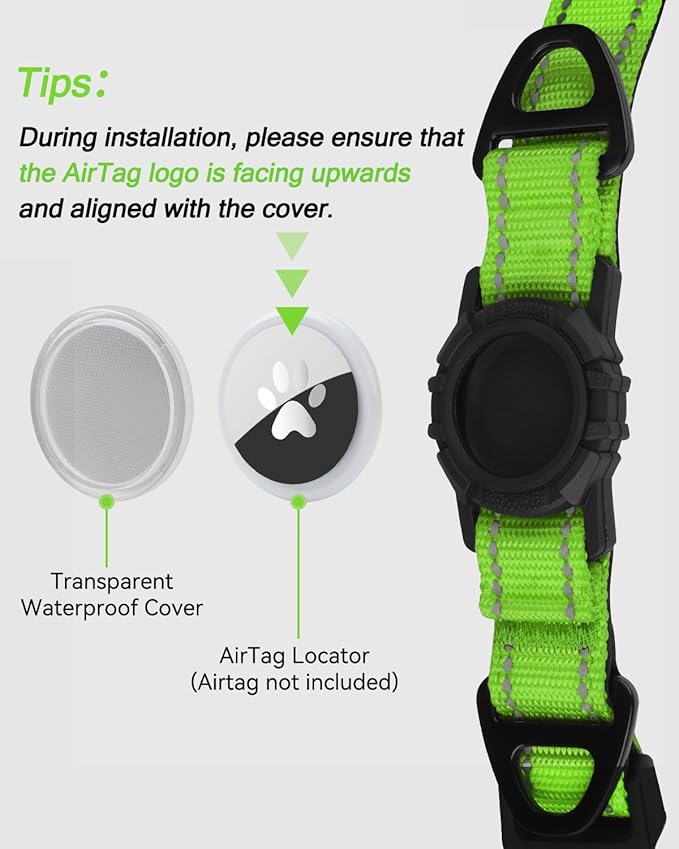 Joytale Airtag Dog Collar, Reflective Pet Collar with Waterproof AirTag Holder, Dual D-Rings, Soft Padded Adjustable for Small Dogs, Green, S