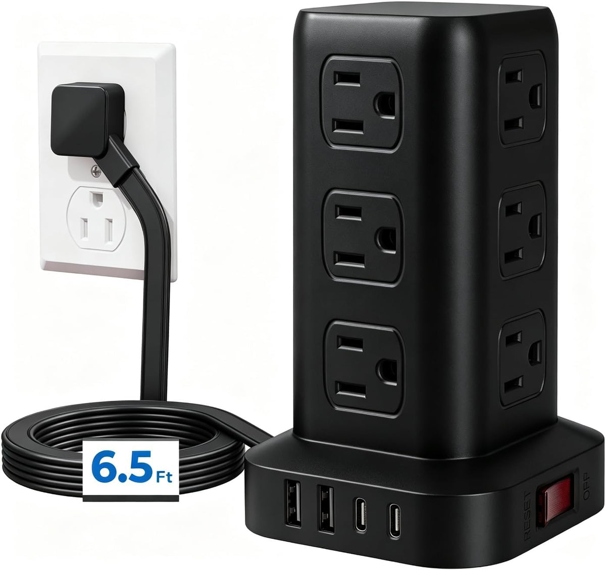 Power Strip 6.5 FT Cord, Power Strip Tower with 4 USB Ports (2USB C), Extension Cord with 12 AC Multiple Outlets, Home Office Supplies Desk Accessories, Dorm Room Essentials